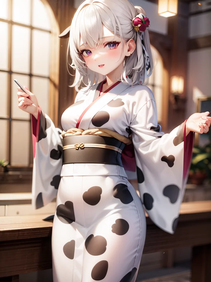 white hair, purple eyes, (cow print:1.0), print kimono, medium breasts, cowbell, white kimono,