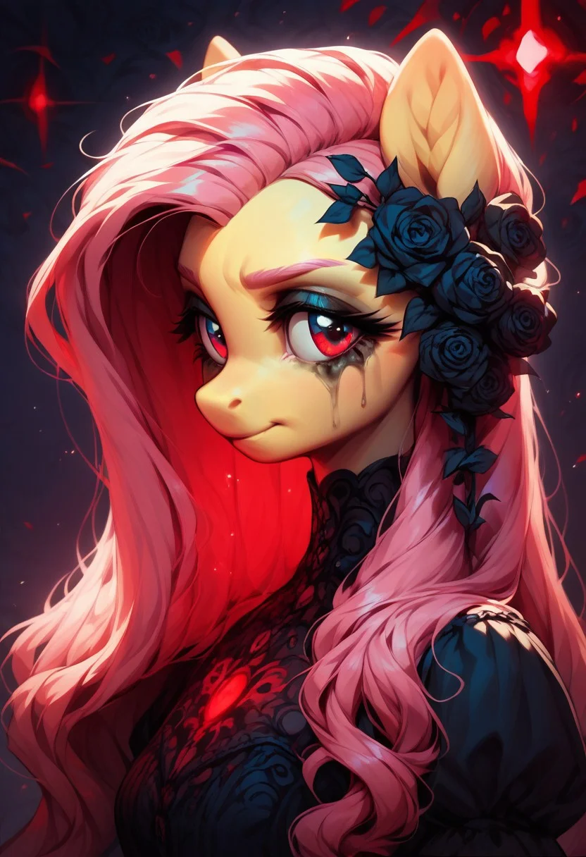(core_9, score_8_up, score_7_up, score_5_up), Fluttershy, anthro, pony, split-colored hair (half pink, half black), intense glowing red eyes, intricate gothic makeup, confident and slightly mysterious expression, dark gothic atmosphere, richly detailed lighting with soft and dramatic shadows, highly detailed rendering, vibrant and contrasting colors, delicate glow effect around her eyes and hair, black roses intertwined in her hair, elaborate gothic-inspired outfit with dark metal and fabric details, ethereal red-pink magical aura, flowing strands of hair caught in gentle motion, dark background with hints of glowing particles and mist