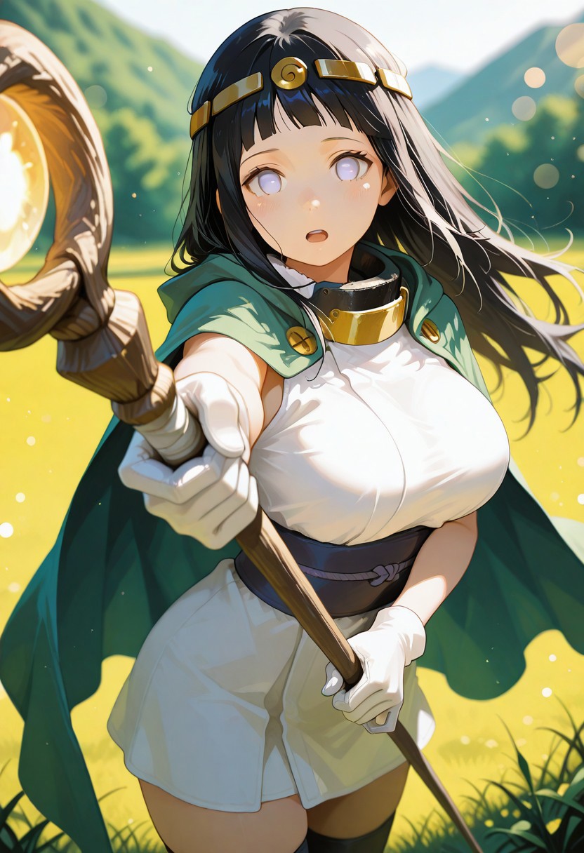 masterpiece, best quality, soft, extremely high resolution, aesthetic, newest,
 HDR,
photorealistic,,  high contrast,
 (flat_color:1.1),  no_lineart, 
solo,
1girl,hyuuga_hinata,black_hair,  long hair, large breasts, white_eyes,(no_pupils:2), 
looking at viewer,outdoors, fighting,meadow,staff,holding staff,circlet,white dress, , open_mouth, outdoors, zettai ryouiki, upper body, , outdoor, white gloves, green cape, looking at viewer,SAGE,
(depth of field:1.1), bokeh,blurry background, foreshortening,