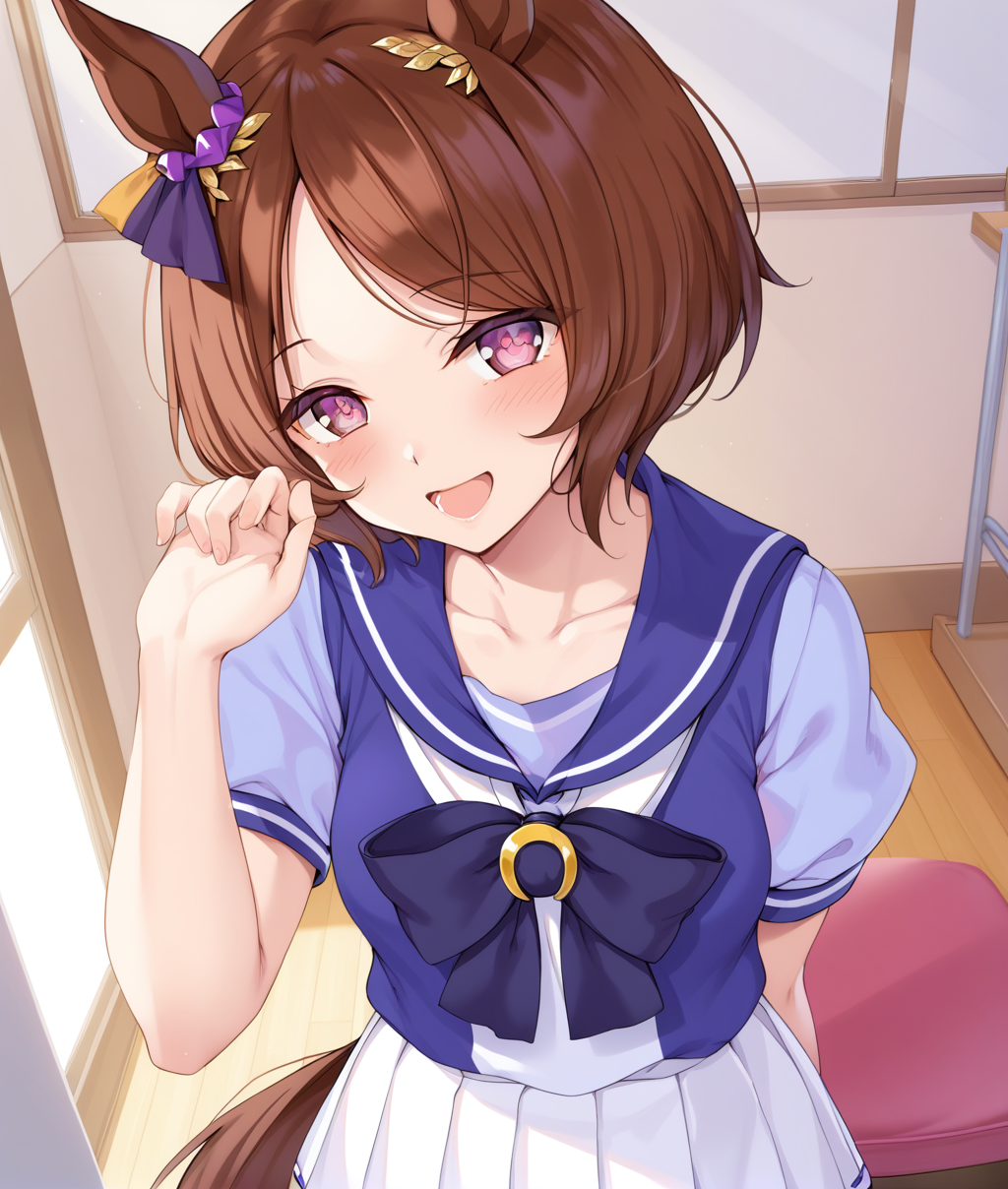 score_9, score_8_up, score_7_up BREAK
tracen_uniform, 1girl, solo, looking at viewer, blush, smile, short hair, open mouth, bangs, skirt, brown hair, shirt, bow, school uniform, collarbone, tail, short sleeves, heart, pleated skirt, serafuku, puffy sleeves, hand up, bowtie, sailor collar, puffy short sleeves, parted bangs, symbol-shaped pupils, heart-shaped pupils, white skirt, horse ears, horse girl, horse tail, arm behind back, purple bow, purple shirt, sailor shirt,purple bowtie, horseshoe ornament
<lora:sakura_laurel-ponyXL:0.8>, 
five fingers,