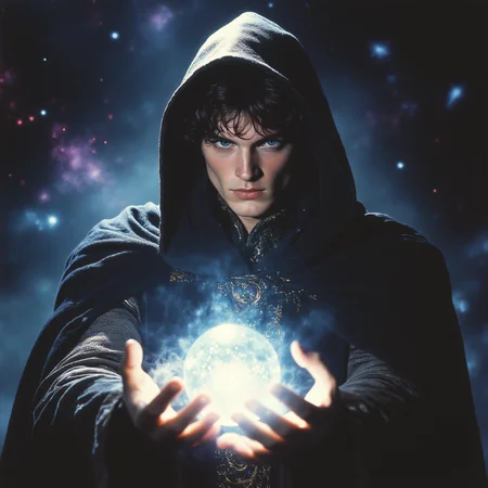 ArsMovieStill, 80s Fantasy Movie Still, The image is a portrait of a young man wearing a black hooded cloak with a hood that covers his head. He is holding a crystal ball in his hands and appears to be in the process of casting it into the air. The man has long dark hair and is looking directly at the camera with a serious expression on his face. The background is dark and filled with stars and nebula giving the impression of a mystical and mystical atmosphere. The colors are vibrant and the overall mood of the image is intense and powerful., 1girl, solo, hood, blue eyes, black hair, looking at viewer, hood up, robe, upper body, realistic