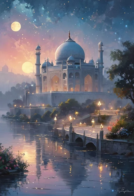 A breathtaking vision of the Taj Mahal-inspired palace at night, floating majestically atop a serene, glowing lake. The grand white marble structure gleams softly under the light of a colossal, silver moon that hovers just above the horizon, casting a radiant glow on the palace’s intricate carvings and delicate filigree. Tall minarets rise gracefully, their tops bathed in moonlight, while the dome at the center radiates a soft, ethereal light. The water surrounding the island is calm, reflecting the palace and the shimmering stars above like a perfect mirror. Lush gardens with exotic, glowing flowers bloom along the edge of the lake, their soft light illuminating the stone pathways that lead to graceful, translucent bridges arching over the water. The night sky is a deep indigo, scattered with twinkling stars and faint wisps of glowing mist, creating a peaceful, magical atmosphere. The scene feels timeless and otherworldly, as if suspended in a dream, rendered in stunning, hyper-realistic detail.
[romantic impressionism, dream scenery art, beautiful oil matte painting, romantic, style of Thomas Kinkade, beautiful digital painting, anime landscape, romantic painting, dreamlike digital painting, colorful painting, gorgeous digital art, style of Greg Rutkowski, Janek Sedlar, Jenny Saville:0]
