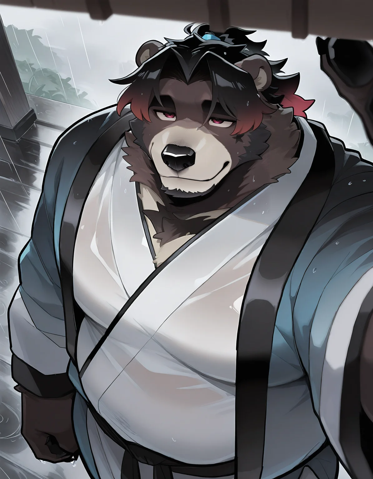 very awa,masterpiece,best quality,newest,highres,absurdres,1boy,solo,furry male,anthro,<lora:1qt-yy_new-000005:1.1>,bear,qingtian,hanfu,light smile,rain,overweight,looking up,from above,reaching out,short hair,
