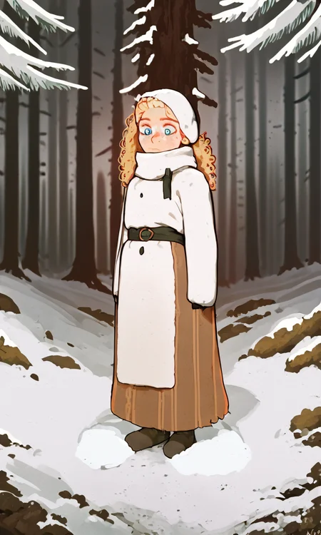 score_9, score_8_up, score_7_up, source_anime, portrait of young beautiful princess with incredibly long curly blonde hair and blue eyes, freckles, simple (((snow forest background))), winter princess cloth and makeup, SFW, ful body