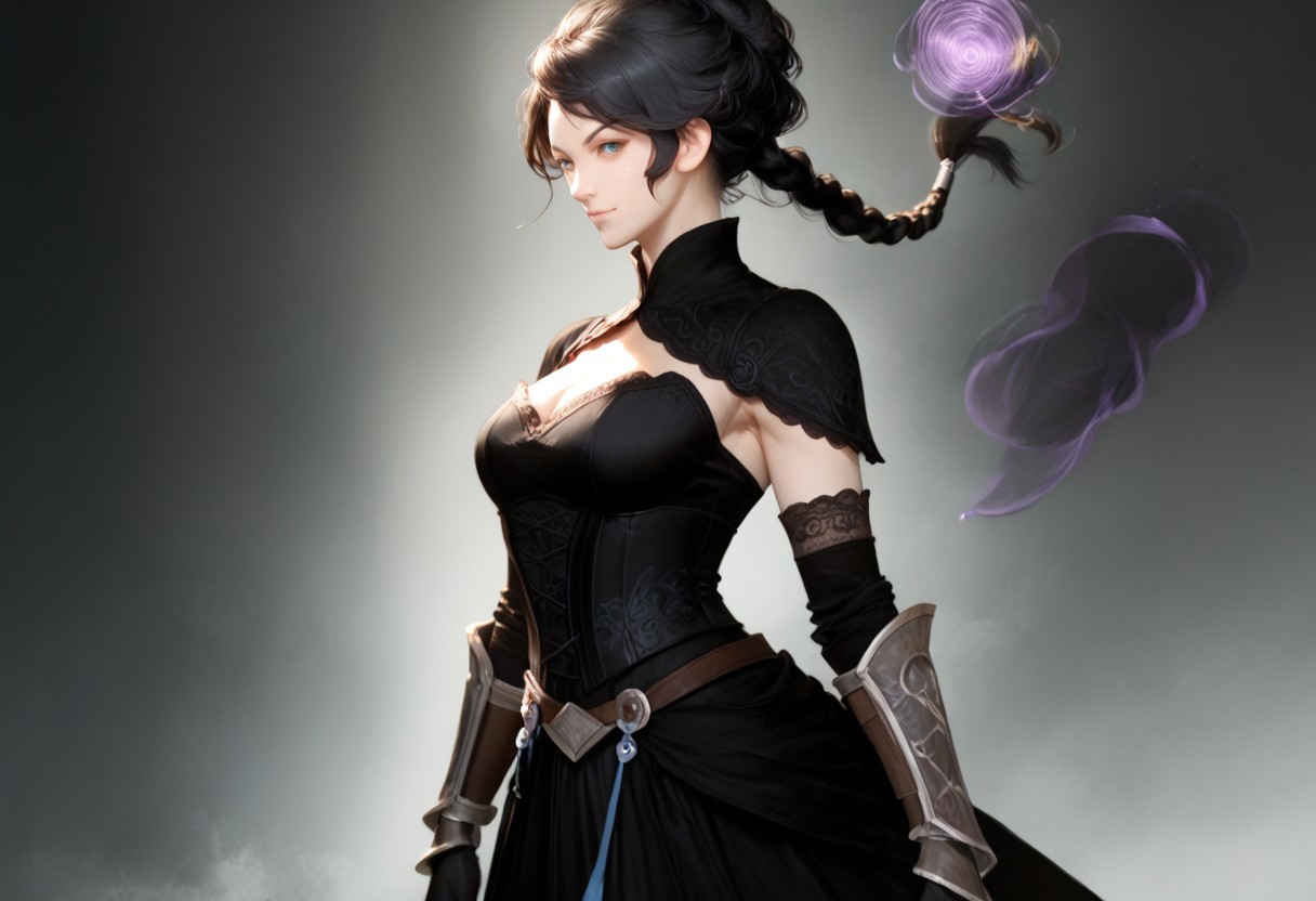fantasy class, sorcerer, half elf, 22 year old woman, (magic the gathering artwork, by Magali Villeneuve:1.5), pointed ears, (braided hair, long hair, black hair), blue eyes, serious, slight smile, pale skin, elegant dress, black dress, dark purple corset, covered shoulders, bare arms, elbow gloves, lace gloves, black gloves, tall boots, full body visible, shrug clothing, adventuring outfit, pants, belt around hips, vambraces with metal studs