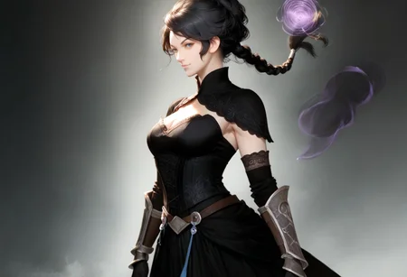fantasy class, sorcerer, half elf, 22 year old woman, (magic the gathering artwork, by Magali Villeneuve:1.5), pointed ears, (braided hair, long hair, black hair), blue eyes, serious, slight smile, pale skin, elegant dress, black dress, dark purple corset, covered shoulders, bare arms, elbow gloves, lace gloves, black gloves, tall boots, full body visible, shrug clothing, adventuring outfit, pants, belt around hips, vambraces with metal studs