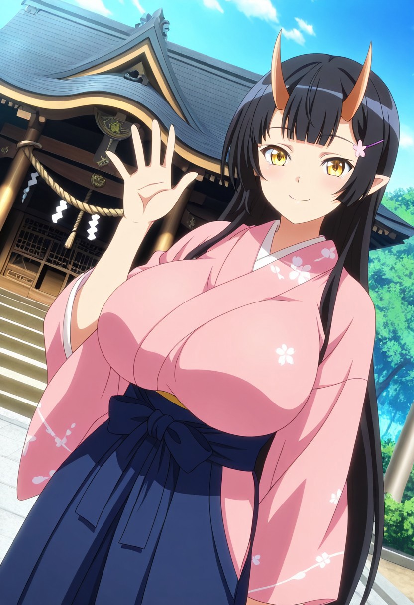 general,highres, ultra-detailed,very aesthetic,best quality ,best hands,best eyes,easynegative,
dynamic anglre, dutch angle, anime cloring,anime screencap,
1girl solo,looking at viewer,outdoors,shrine, smile,waving hand, 
Ouka Origasaki,black_hair, long_hair, hairclip, oni horns,huge_breasts, yellow eyes, pointy_ears,Japanese clothes, hakama,