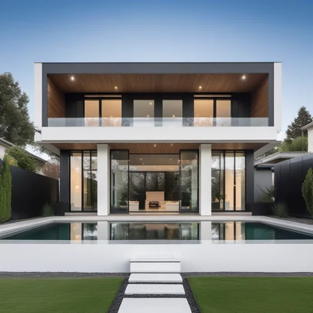 a photo of GDMEXTXL modern house exterior, <lora:gdmextxl-256-40-0032-000004:0.50> , photograph, photography, perfect, master quality, professional photoshoot, award winning photographer, calming symmetry, symmetrical