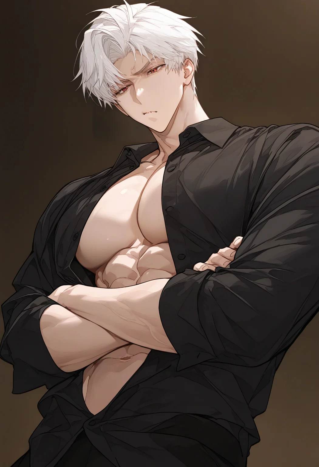 <lora:SagawaSDXLstyle:1>, best quality, masterpiece, SagawaStyle, sylus (love and deepspace), <lora:SylusSDXL:1>, male focus, 1boy, large pectorals, red eyes, short hair, white hair, muscular male, black shirt, collared shirt, unbuttoned shirt, open shirt, abs, from below, crossed arms, annoyed, pout