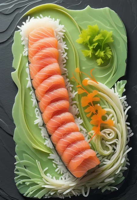 Abstract Nigiri Sushi Composition, Vivid Salmon Pink Layered on Pure White Rice, Glossy Soy Glaze Dripping Along the Edges, Surrounded by Soft Green Wasabi Swirls and Translucent Ginger Petals, Set Against a Textured Slate Background, Evoking Freshness and Precision in Japanese Cuisine
