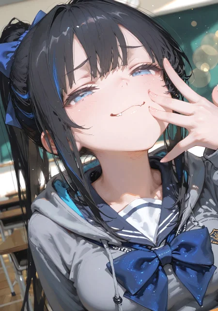 ((face focus,smug:1.5))

((1 girl,black hair,long hair, ponytail,blue eyes, medium breast,bow hair tie,blue streak hair,sailor school uniform,grey hoodie,fang:1,4))

(Classroom:1.5)

(dynamic pose),(dynamic angle),(background Bokeh),(background blur)

748cmstyle,Smooth_Quality,amazing quality, ((aesthetic:1.3)),((4k,8k,Ultra HD)),((Masterpiece :1.2)),((Best quality :1.2)),((Detailed :1.5)),((Detailed background :1.5))