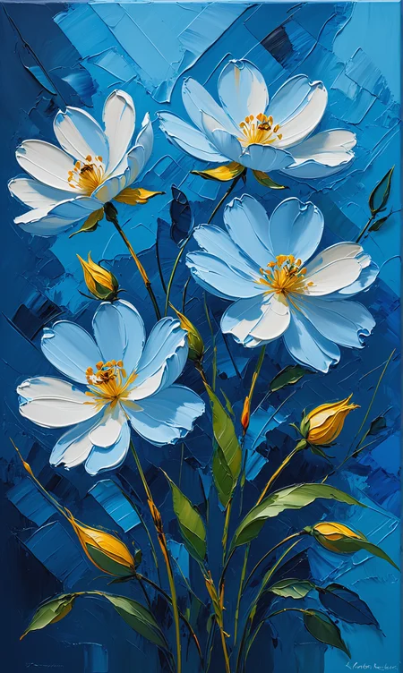 flowers, blue background, oil painting, rough stroke, line graphic, geomatric, generate an image with the rich texture and thick brushstrokes characteristic of an oil painting. Emphasize the thick brushstrokes spread across the entire canvas, blending of colors, and the play of shadows<lora:xl_more_art-full_v1:0.3> <lora:oil_SDXL_v1.0:0.6>