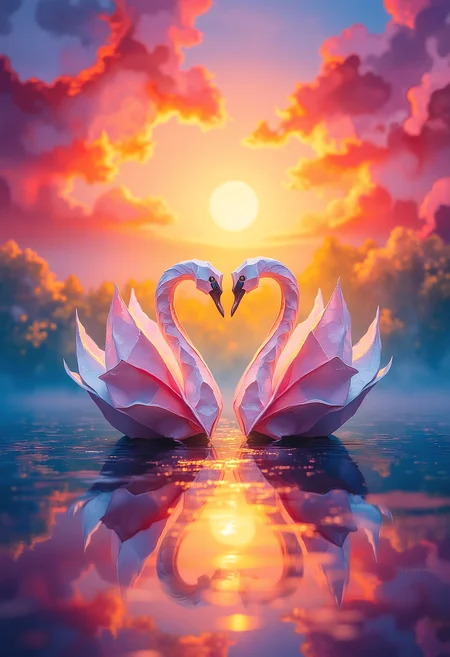 Origami world, two paper swans forming a heart on a lake, a paper sunset in the background, vibrant glow