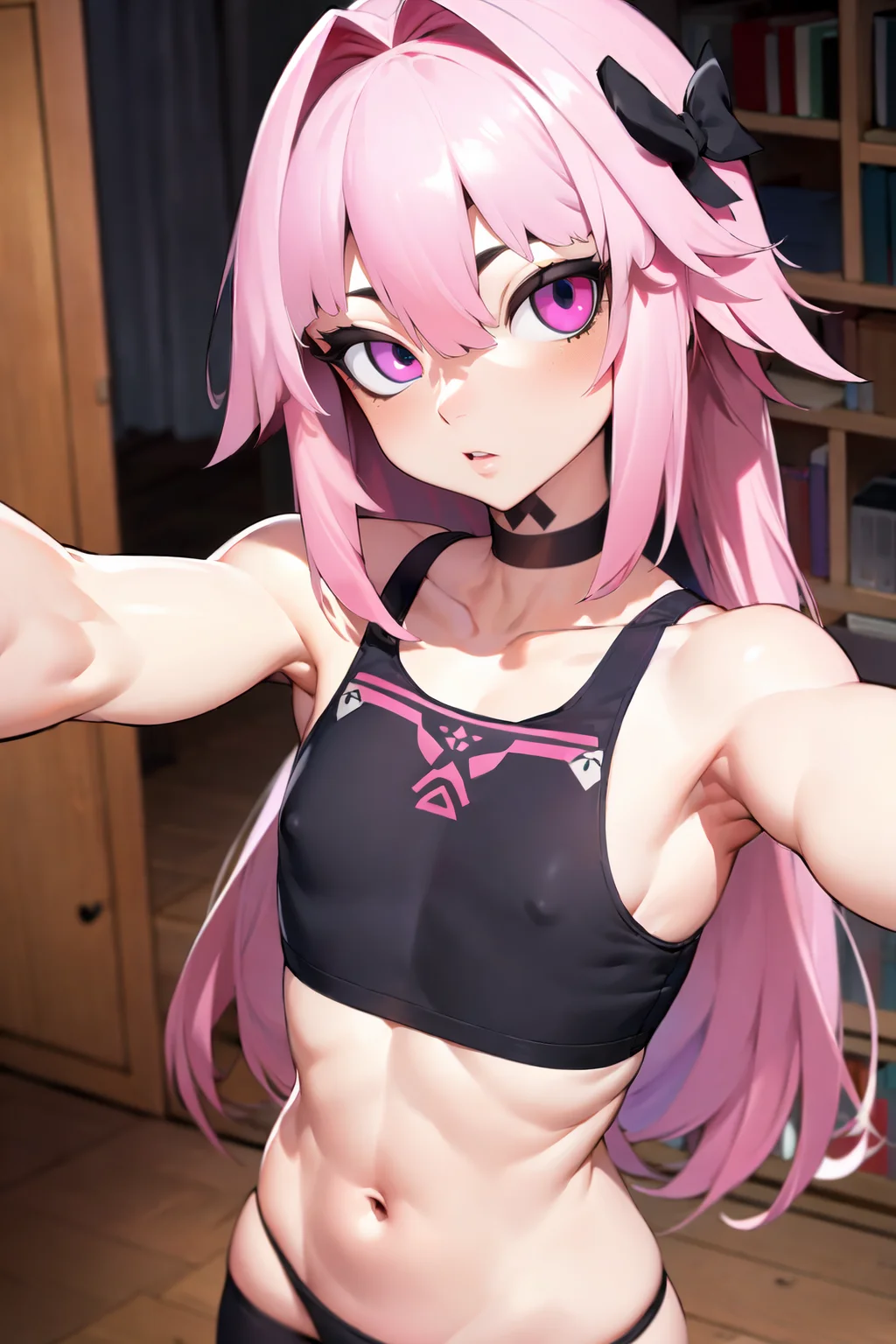 masterpiece, AGGA_STF001, solo, long hair, looking at viewer, blush, bangs, thighhighs, 1boy, bow, navel, hair between eyes, bare shoulders, underwear, purple eyes, collarbone, panties, pink hair, white hair, hair bow, male focus, thighs, multicolored hair, teeth, choker, fang, black thighhighs, indoors, armpits, stomach, streaked hair, crop top, book, black bow, skindentation, hair intakes, clenched teeth, otoko no ko, bulge, wooden floor, bookshelf, selfie, astolfo \(fate\),<lora:EMS-269243-EMS:0.700000>