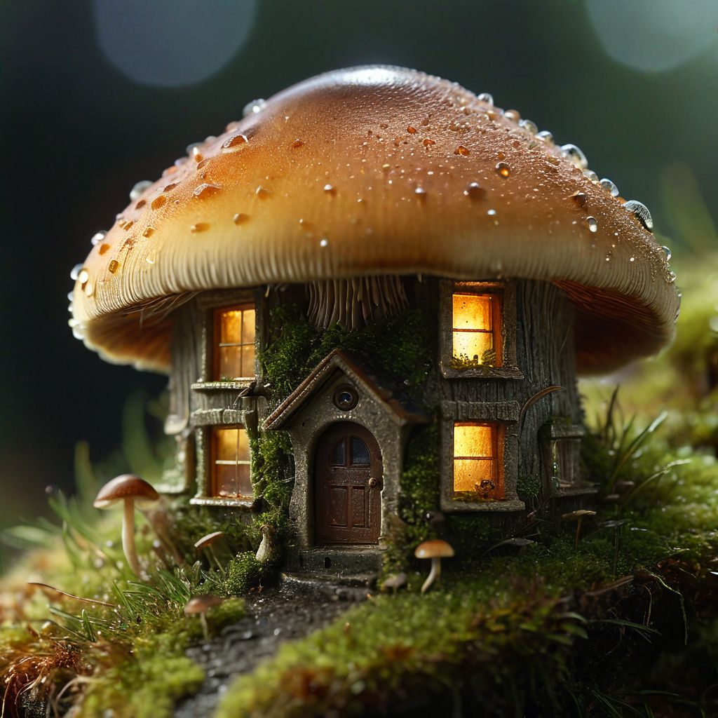 Extreme close-up of a single glowing mushroom house, intricate details of the cap, tiny windows emitting warm light, moss texture, miniature tools and objects scattered around, dewdrops, insects, a sense of hidden life, magical, otherworldly, photorealistic