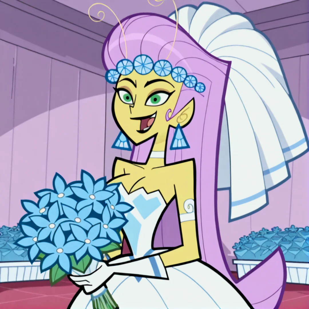 princess mandie, 1girl, solo, breasts, smile, open mouth, gloves, dress, cleavage, jewelry, purple hair, flower, earrings, white gloves, makeup, veil, bouquet, wedding dress, bridal veil, pink hair, long hair, black lips, green eyes, pointy ears, yellow skin, indoors, (masterpiece), (best quality), (ultra-detailed), amazing quality, very aesthetic, illustration, perfect composition, intricate details, absurdres, incredibly absurdres,<lora:princessmandie_illustrious:1>