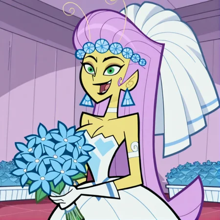 princess mandie, 1girl, solo, breasts, smile, open mouth, gloves, dress, cleavage, jewelry, purple hair, flower, earrings, white gloves, makeup, veil, bouquet, wedding dress, bridal veil, pink hair, long hair, black lips, green eyes, pointy ears, yellow skin, indoors, (masterpiece), (best quality), (ultra-detailed), amazing quality, very aesthetic, illustration, perfect composition, intricate details, absurdres, incredibly absurdres,<lora:princessmandie_illustrious:1>