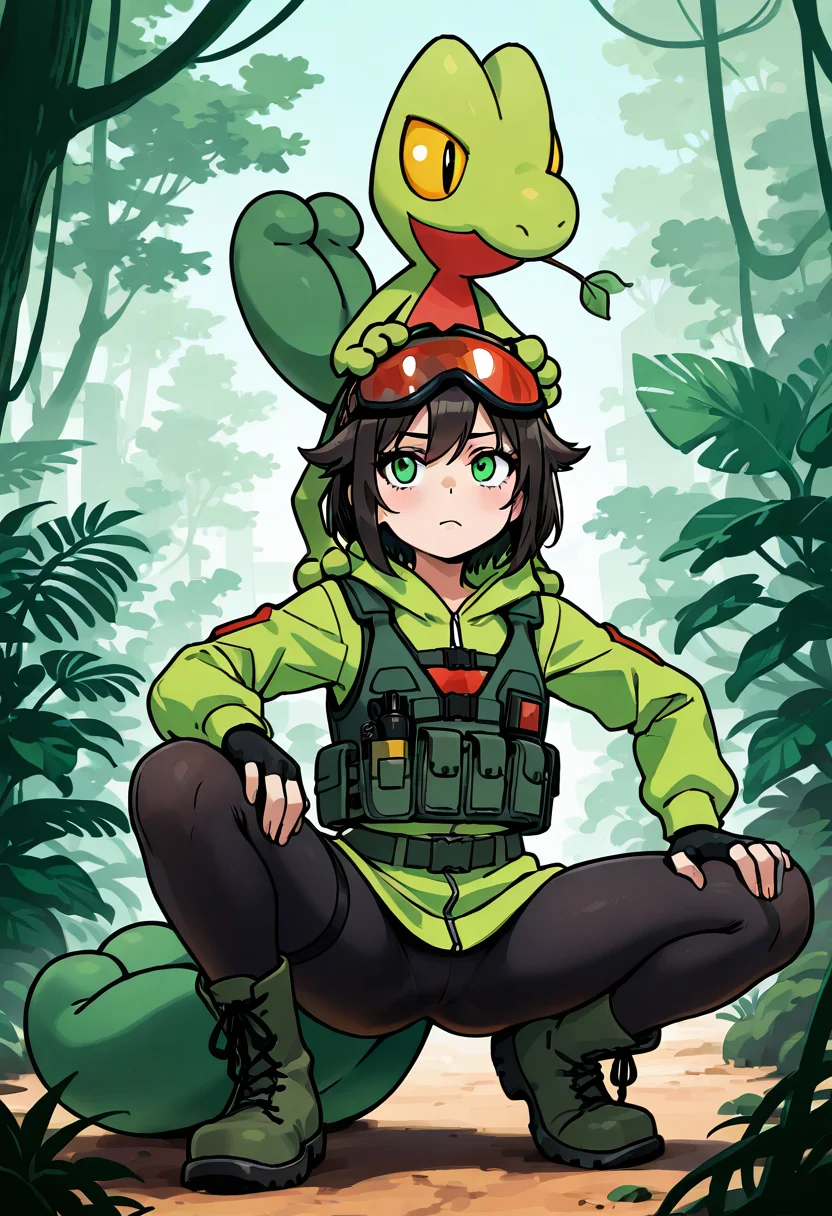 masterpiece, best quality, 1girl, solo, zzTreecko, ,<lora:TreeckoPokedex_IXL:1.0>, 1girl, solo, green hooded jacket, red inner lining, leaf-shaped shoulder flaps, utility vest, tight black leggings, fingerless gloves, boots, urban jungle, crouching pose, tactical belt, green eyes, short hair, digital goggles She wears a lightweight, jungle-green jacket with subtle leaf patterns and red accents on the inside of the hood. A tech-vest overlays the torso, hinting at her agile scouting role. Her sleek black leggings and boots are built for speed, and red goggles sit atop her head. Her outfit mimics Treeckoâs lean, ready-to-leap form.