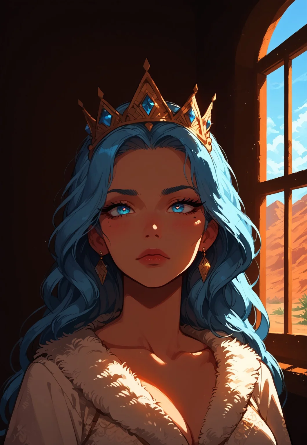 A detailed Gothic tower made of transparent ice with blue shades stands tall. At its base, there are orange desert sands. The sky above is beautiful with fluffy clouds. Ice crystals decorate the tower.
BREAK
1girl, solo, most beautiful 23 yo girl.
At the top, the Snow Queen looks out of a window. Her blue eyes, without pupils, express sadness. She has white skin and wears luxurious medieval winter clothing. Her light blue hair is straight and fluffy like snow, and she wears an ice crown on her head.
(ice interior)
(8k uhd:1,4)
<lora:add-detail-xl:1>
<lora:Dynamic Poses:1>