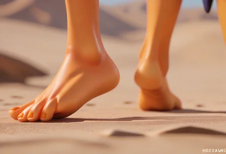 score_9, score_8_up, score_7_up, source_anime, duo, digimonster, leomon, orange skin, barefoot, orange feet, 5 toes, toeclaws, humanoid feet, standing, foot focus, close-up, desert,