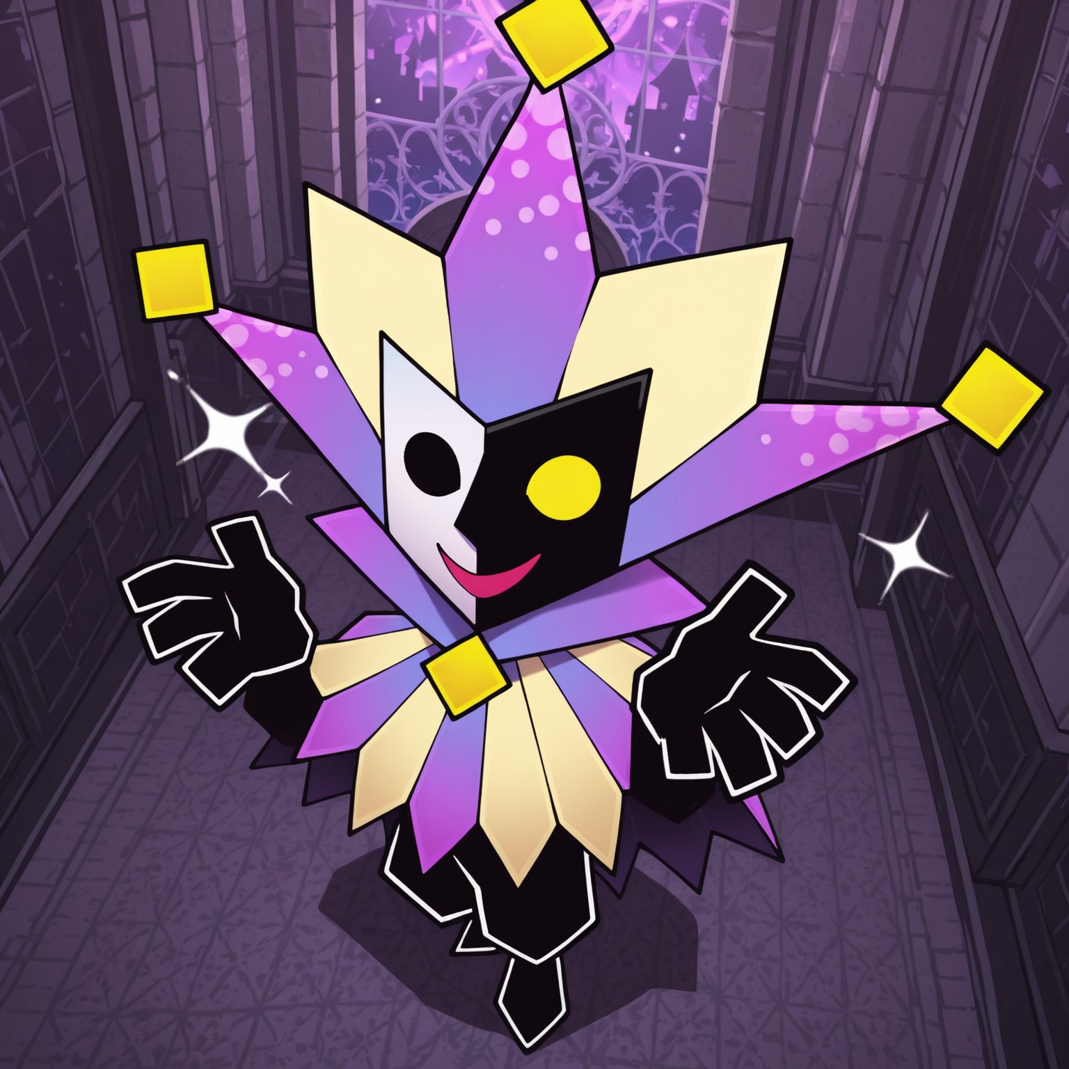 2d, 1boy, solo, Dimentio, male, jester, purple and yellow hat, jester hat, purple and yellow cloak, multicolored hat, multicolored cape, split color face, white face, black face, heterochromia, no pupils, black eye, yellow eye, black pants, black shoes

BREAK happy, open mouth smile, open eyes, from above, sparkles, indoors, castle, hands up, looking at viewer 

BREAK best quality, amazing quality, very aesthetic, absurdres, newest, masterpiece, high quality