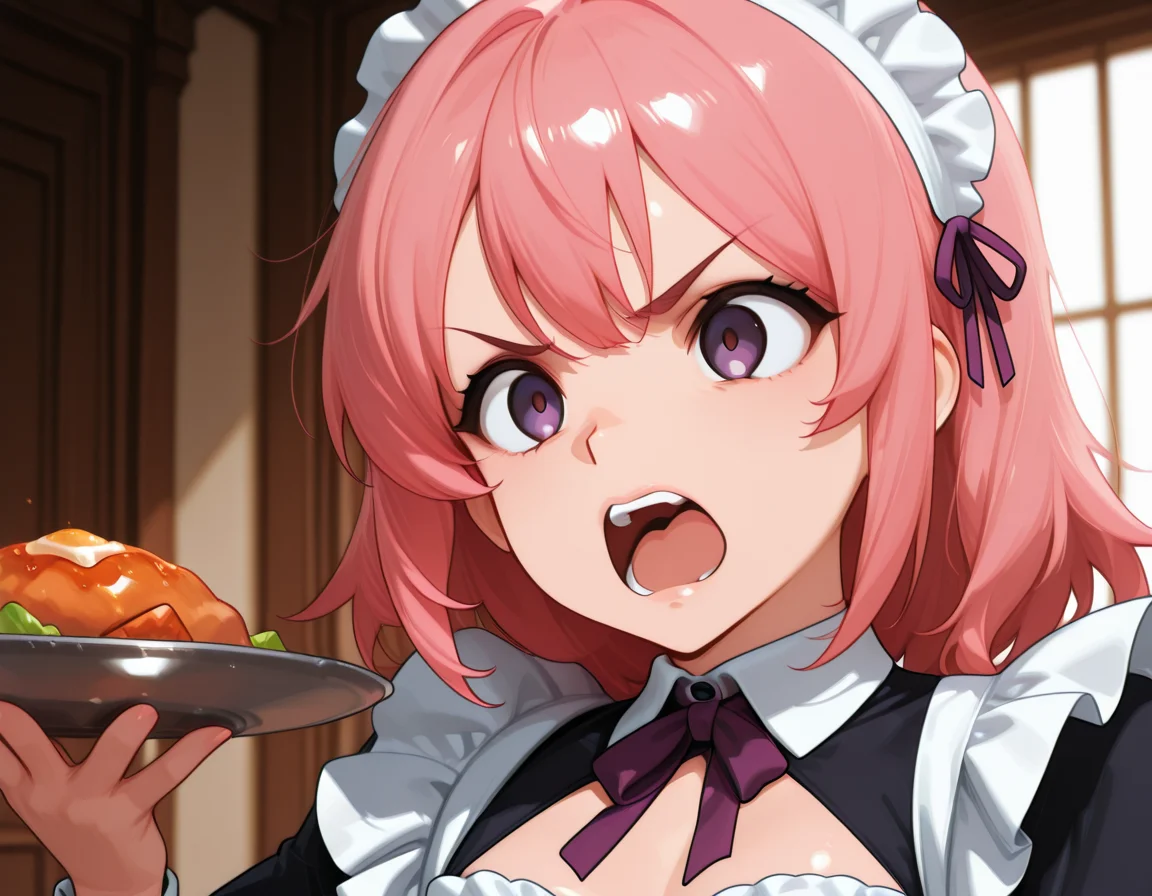 <lora:askwhocook_ill_v0.91-000010:0.7>, askwhocook, standing, upright, holding plate in one hand, food, open mouth, 1girl, solo, upper body, serious
masterpiece, best quality, good quality, anime coloring, 
<lora:CivChan:1>, CivChan, purple eyes, pink hair, maid,