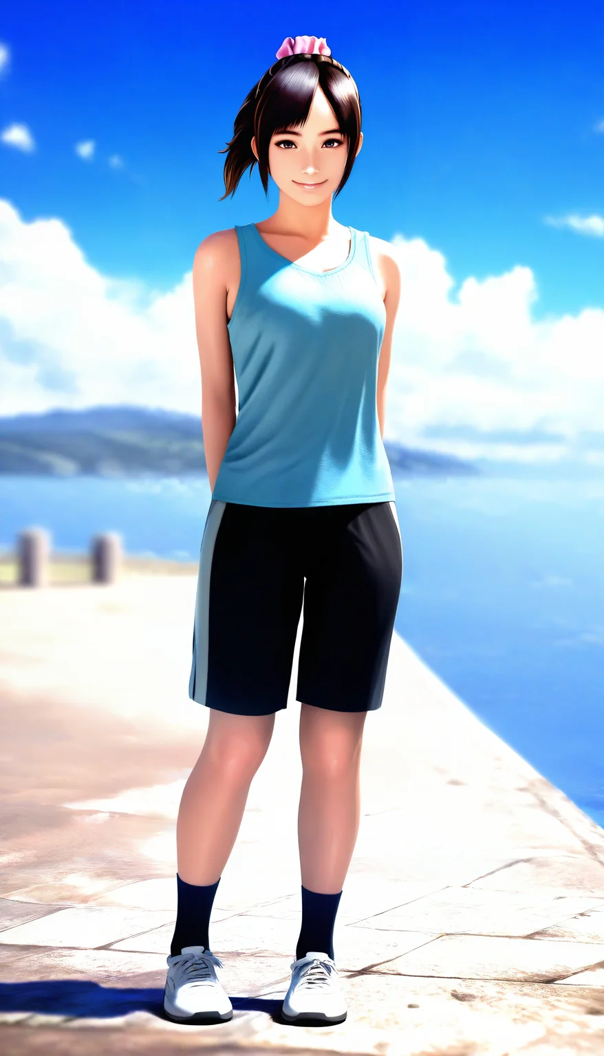 masterpiece,best quality,amazing quality,
<lora:miiyamotohikariNAI:1>,miiyamotohikari,realistic,
1girl,solo,black hair,pink scrunchie,ponytail,bangs,brown eyes,cyan tank top,black shorts,white sports shoes,black ankle socks,standing,full body,flowing hair,smile,looking at viewer,sea,blue sky,cloud,hill,day,depth of field,