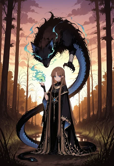 masterpiece, best quality, amazing quality, very aesthetic, absurdres, newest, 8k, detailed background, ccstyle, high_detail,
BREAK, 
1girl, very long hair, straight hair, crownbraid, bone jewelry, brown hair, black sclera, blue eyes, green flying snake, glowing green snake, flying snake on hand, ornate robe, sleeveless, golden trim, black robe, torn hand wraps, green magic, eye trail, spirit wolf, shadow wolf familiar, threatening aura, looking at viewer, dynamic pose,
BREAK, outside, dusk, storm clouds, golden hour, swamp, forest, trees, low hanging fog, tall grass, warm coloring, golden sunlight, detailed background, dramatic lighting, depth of field, volumetric lighting,