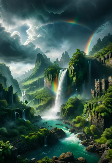 dark, low-key, hvrn
A detailed dramatic illustration of a rainbow, with green color dark magic splash, rainbow in the sky, rainbow from a waterfall cliff to a cloud, heavy rain, dark gothic, 3D Vector Art, fantasy art, watercolor effect, bokeh, Adobe Illustrator, hand-drawn, digital art, isometric style, retro aesthetic, focused on the character, 4K resolution, photorealistic rendering, using cinema 4D 
Wide range of colors., Dramatic,Dynamic,Cinematic,Sharp details
Insane quality. Insane resolution. Insane details. Masterpiece. 32k resolution.
dvr-lnds-sdxl, ral-apoctvisn, zavy-rmlght,
