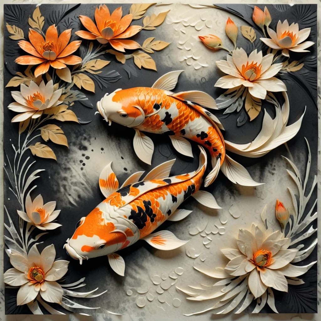 male animal print, koi, kid, watercolor, paper, brutalism style, Engraved, orange, black, and white, floral pattern, analog grain effect, vibrant highlights accents, repeating, hammered texture, textured finish <lora:artfully_ETHEREAL-GEOMETRIC-FLORAL-FUSION:1>,
