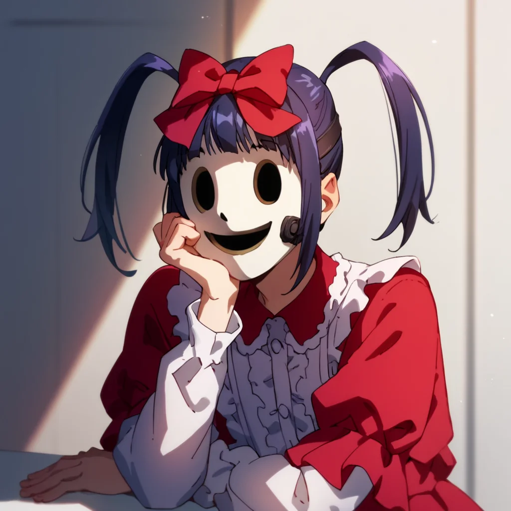 score_9, score_8_up, score_7_up, score_6_up, score_5_up, score_4_up, source_anime, Ein, dress, mask, facing viewer, cute, head rest