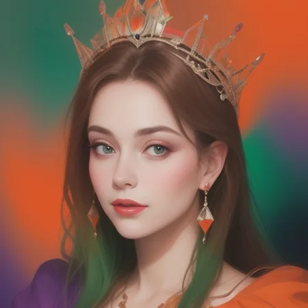 Portrait of a beautiful Queen.
Orange, red, green,  purple colors only.