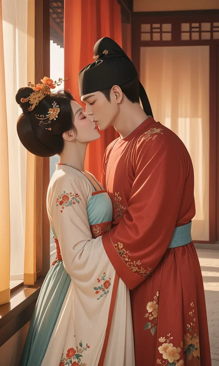 Top photography works, masterpiece, best quality, newest, absurdres, highres,
(1boy/gsfh, kiss, chinese clothes, black hair, hair bun, flower, hair ornament, jewelry, closed eyes, long sleeves, single hair bun, earrings, 1girl, hanfu, bracelet, 1boy, hetero, architecture, couple, hanfu, lyz and lc, lyz, lc, princess, Round-collar robe, bed, curtain, lyz at left, lc at right), close-up,
masterpiece, best quality, amazing quality, very aesthetic, absurdres, newest, haute couture,
light from one side, dark shadow,