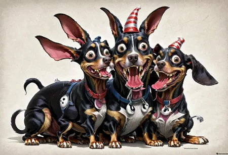 photorealistic high details, siamese twins fleshmutant skinny fuzzy baby mooron mad random color smiling lady dobermann full tail and full ginormous ears, shortest legs, high with meth, striped black and white, dog abomination with huge eyes , wearing an italian fancy hat,art by pixar , biotech inserts, fighting a big rabbit hidden in a hole in the big yellow wall, all inside an italian gim <lora:Fleshmutant_R2-000003:1>