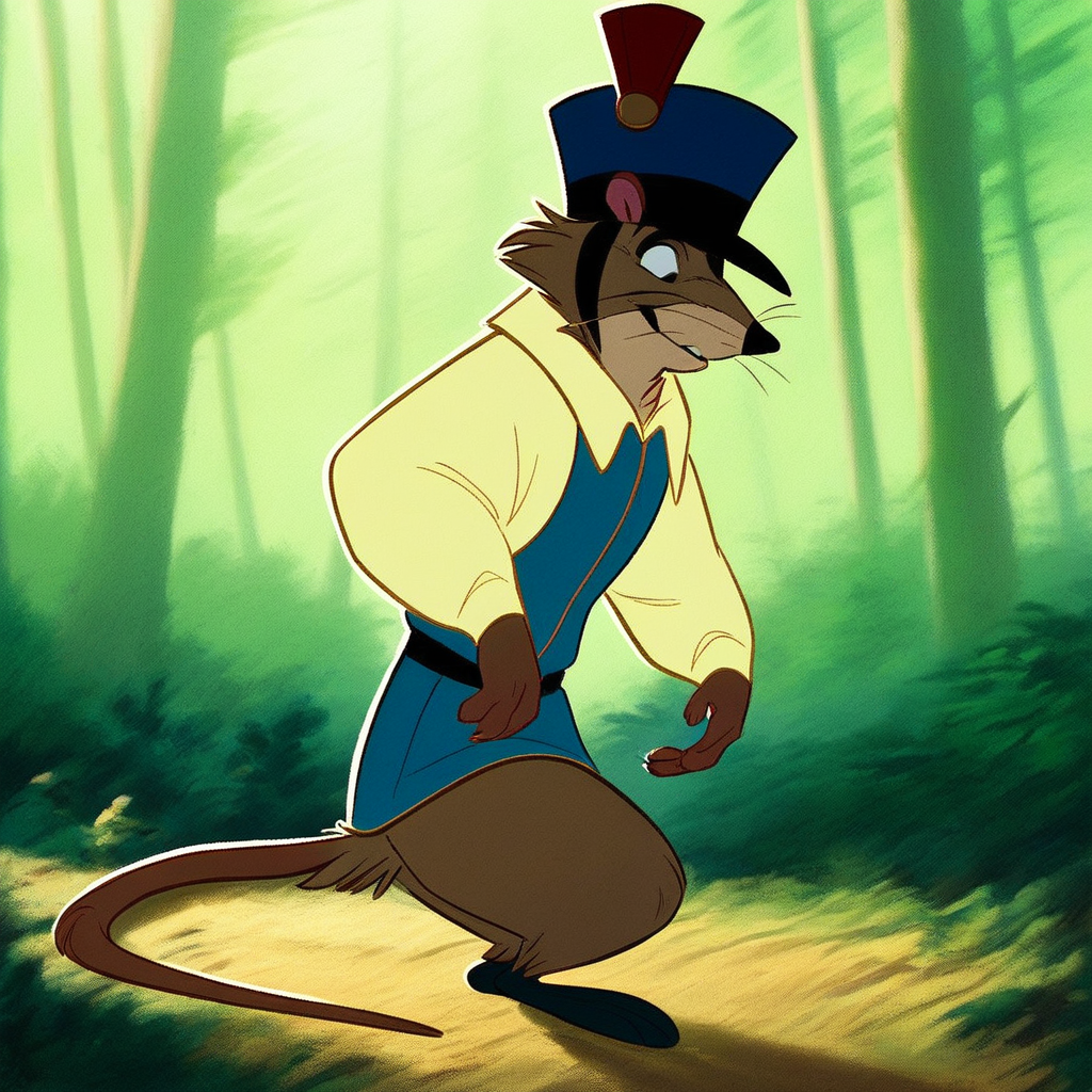 score_9, solo, justin_rat, furry, hat, shirt, tail, outdoors, trees, forest, natural lighting