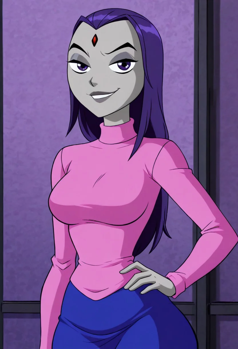 score_9, score_8_up, score_7_up, ultra quality, solo, 1girl, raventt, grey skin, purple, purple eyes, purple hair, long hair, forehead jewel, pink sweater, blue skirt, milf, mature female, smug smile, hips focus, breasts, big hips, big butt, bubble butt, curvy, narrow waist, standing, upper body, looking to the viewer, close up, screencap