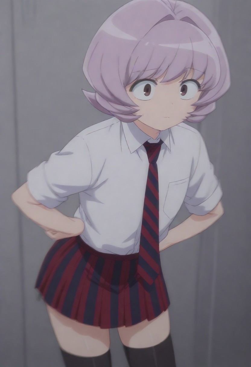 masterpiece, best quality, amazing quality,,, shiny skin,,,,,<lora:Osana_Najimi_cnn:0.8> osananajimicnn,,short hair, brown eyes,androgynous, light purple hair, school uniform, white shirt, striped necktie,striped skirt, pleated skirt,black thighhighs,