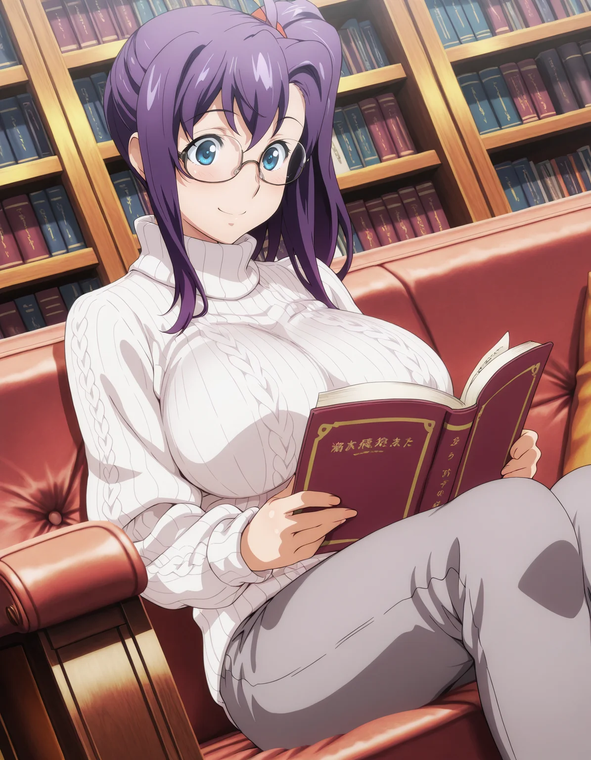 <lora:Haruko_Amaya_v01:1> harukoamaya, blue eyes, purple hair, side ponytail, large breasts,
dutch angle, depth of field, HDR, 8K,
masterpiece,best quality,amazing quality, highest score, aran sweater, turtleneck, grey pants, library, sitting, couch, reading a book, glasses, smile