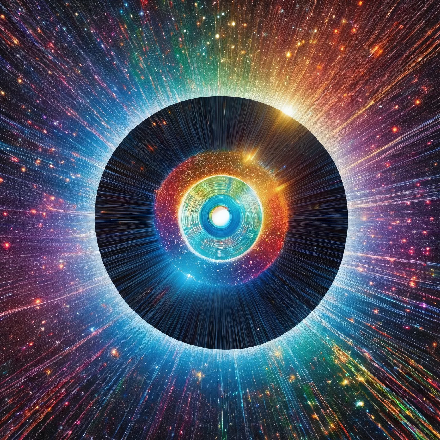cosmic spacetime abstract concept art with shiny metallic iridescent rainbow particles of light, planet, orbiting around over, made of cd's
BREAK
huge vinyl_LP with solar flare over background grooves etched in universal vinyl LP_record, in background of infinite tangled unwound tape-casette-spool of spacetime, within black void, high-resolution, made of cd's