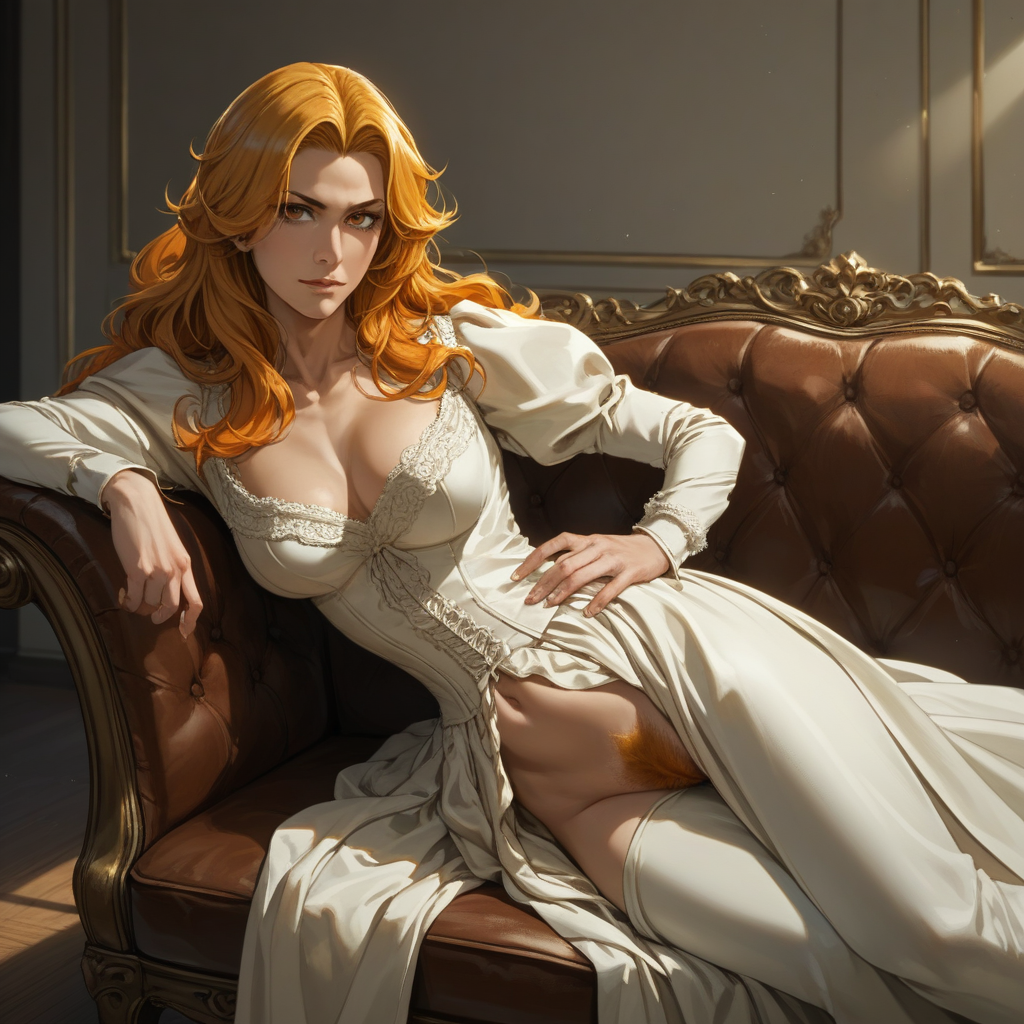 (source_anime:1.2), 2.5D, score_9,score_8_up, score_7_up,score_6_up, anime style, highly detailed, absurdres, BREAK, Matsumoto Rangiku\(Bleach\), long hair, wavy hair, (Blonde hair:1.2, orange hair), (Blonde pubic hair:1.2, orange pubic hair), centerfold, posing, playboy, playboyposexl, couch, (titanic pose), laying on couch, on side, hand on hip, looking at viewer, elegant furniture, Victorian,