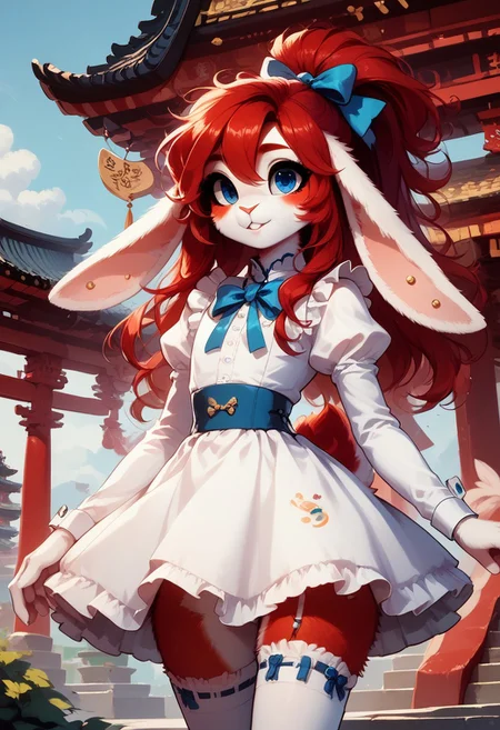 score_9, score_8_up, score_7_up, 
Huggles, 1boy, solo, furry male, rabbit boy, rabbit ears, rabbit tail, red hair, long hair, blue eyes, jyojifuku, dress, frills, ribbon, hair bow, thighhighs, MegaFluffyPony, furry, fluffy,
highly detailed, intricate, zzCitronCAT, outdoors, temple, pagoda