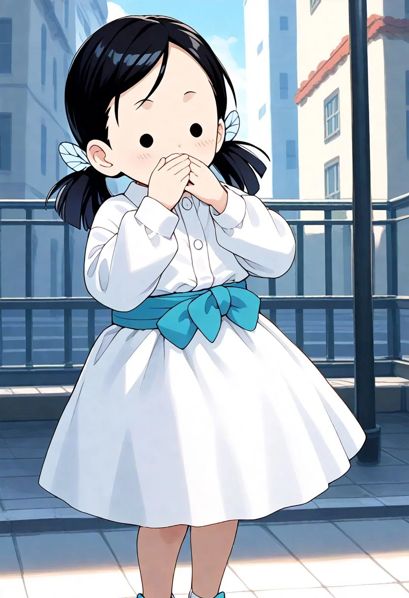<lora:Hyper-SDXL-8steps-lora:1><lora:Fixhands_anime_bdsqlsz_V1:1> zPDXL2, score_9, score_8_up, score_7_up, source_anime, intricate details, perfect anatomy BREAK
1girl, solo, chibi, (ds-nakaharasumi, blue hair ribbon, blue butterfly hair ornament, low twintails:1.3), black hair, black eyes, collared shirt, white dress, blue obi, white skirt, white socks, blue sandal,
pantyshot, covering mouth, Happy, wide smile with raised cheeks and crow's feet around the eyes.,
outdoors, city, tokyo, japan,
<lora:ds-butterfly_mansion_girls_XL(pony)v10:1>