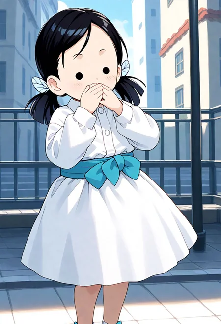 <lora:Hyper-SDXL-8steps-lora:1><lora:Fixhands_anime_bdsqlsz_V1:1> zPDXL2, score_9, score_8_up, score_7_up, source_anime, intricate details, perfect anatomy BREAK
1girl, solo, chibi, (ds-nakaharasumi, blue hair ribbon, blue butterfly hair ornament, low twintails:1.3), black hair, black eyes, collared shirt, white dress, blue obi, white skirt, white socks, blue sandal,
pantyshot, covering mouth, Happy, wide smile with raised cheeks and crow's feet around the eyes.,
outdoors, city, tokyo, japan,
<lora:ds-butterfly_mansion_girls_XL(pony)v10:1>