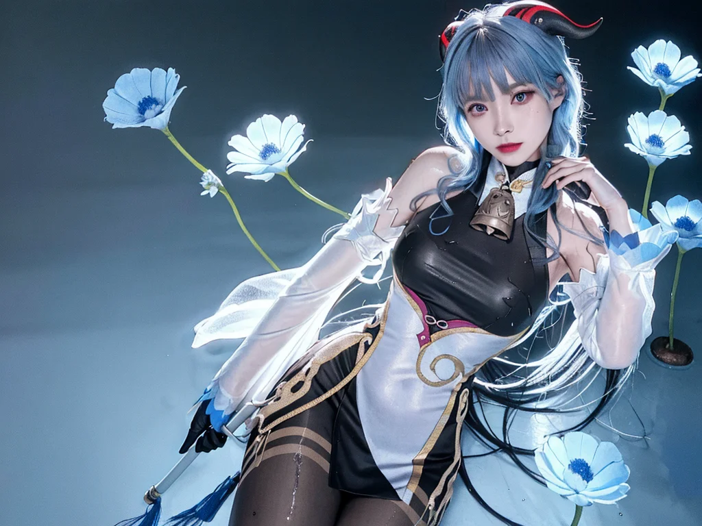 ganyu \(genshin impact\),shiny skin,DOF,grass,wet body,large breasts,1girl, solo, bare shoulders, black gloves, black pantyhose, (blue hair:1.2), chinese knot, detached sleeves, flower knot, horns, long hair, neck bell, purple eyes, sidelocks, tassel, white sleeves, full body, floating hair,sexy, looking at viewer, <lora:ganyuGenshinImpact_offset:0.8>, <lora:koreanDollLikeness_v10:0.5>, quality, high quality, highres, ultra detailed(realistic:1.3), (photorealistic:1.3), detailed face, detailed skin,photon mapping, radiosity, physically-based rendering