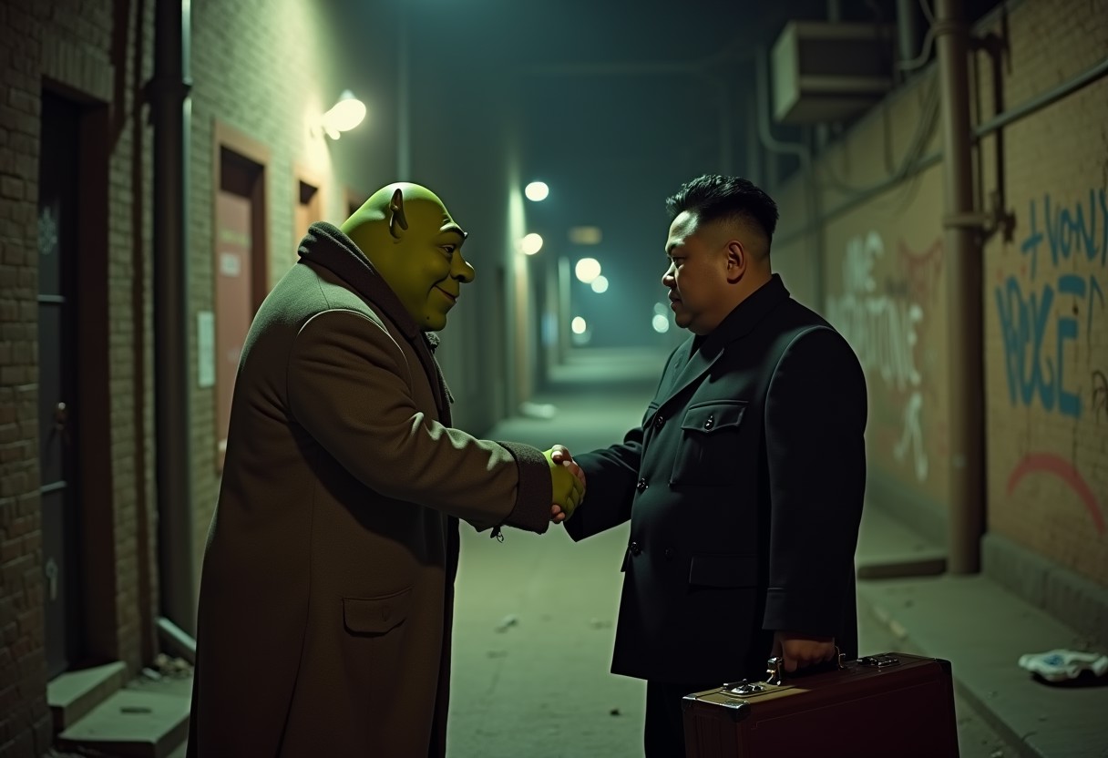 Photorealistic grainy security cam footage still captures a shady deal between Shrek and Kim Jong Un in a dark, narrow back alley at night. Shrek, in a trench coat, shakes hands with Kim Jong Un, who holds a mysterious briefcase. Both glance around suspiciously. The alley is dimly lit by streetlights, with trash scattered and graffiti on the walls. Security camera labels, including a timestamp and date, are visible at the top of the image, enhancing the secretive atmosphere. 4K, photorealistic, masterpiece quality, with a humorous and absurd twist