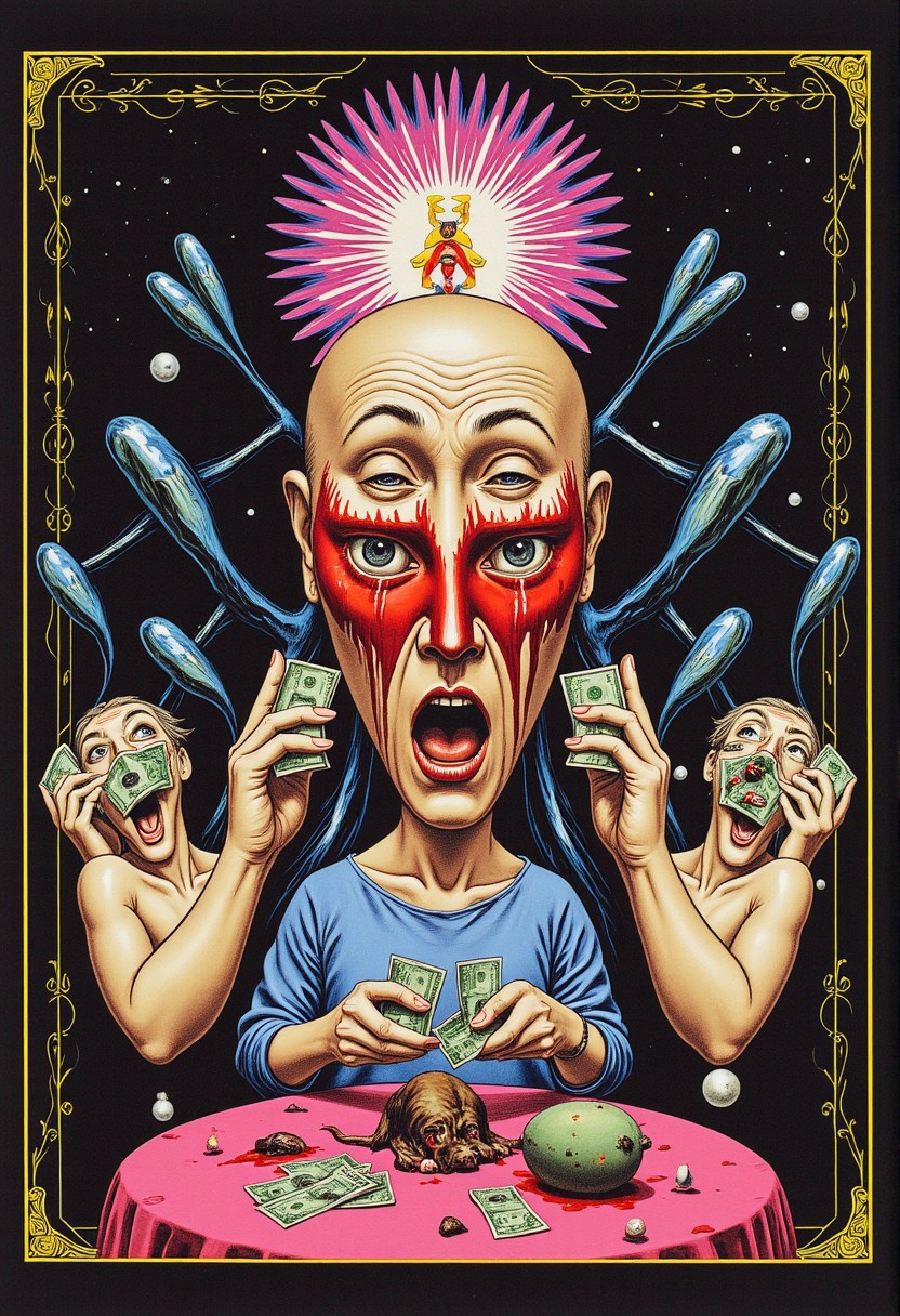 THE LOST FUTURES heading at top of image written at the top of the image are the words "the lost futures".
 below, a kaleidoscopic man with head coming apart like the woman in total recall four eyes two on each side of the face and two noses and two mouths very high technology greedy fat man eating big wads of paper cash money, he has a very bright halo around his head, in the background are esoteric magic symbols and sacred geometry as well as floating rats and severeed heads. he has a split face with blood coming out of his eyes color bars dripping blood faces screaming tv test pattern static imagery glitch pattern but embedded with cash symbols, dollar signs, money