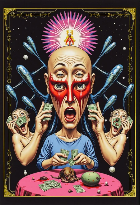 THE LOST FUTURES heading at top of image written at the top of the image are the words "the lost futures".
 below, a kaleidoscopic man with head coming apart like the woman in total recall four eyes two on each side of the face and two noses and two mouths very high technology greedy fat man eating big wads of paper cash money, he has a very bright halo around his head, in the background are esoteric magic symbols and sacred geometry as well as floating rats and severeed heads. he has a split face with blood coming out of his eyes color bars dripping blood faces screaming tv test pattern static imagery glitch pattern but embedded with cash symbols, dollar signs, money