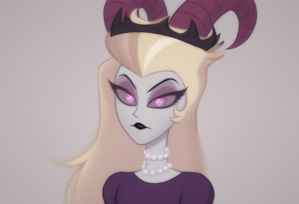 lilith, purple eyes, half-closed eyes, black lips, blonde hair, pearl necklace, demon horns, grey/gray skin, grey sclera, black crown, evil eyes, purple dress, heart floating, heart-shaped pupils, aroused, heart eyes, cupid arrow, Valentine's day themed, 1girl, solo