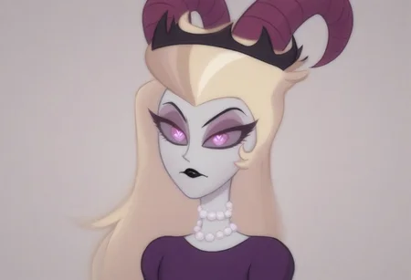lilith, purple eyes, half-closed eyes, black lips, blonde hair, pearl necklace, demon horns, grey/gray skin, grey sclera, black crown, evil eyes, purple dress, heart floating, heart-shaped pupils, aroused, heart eyes, cupid arrow, Valentine's day themed, 1girl, solo