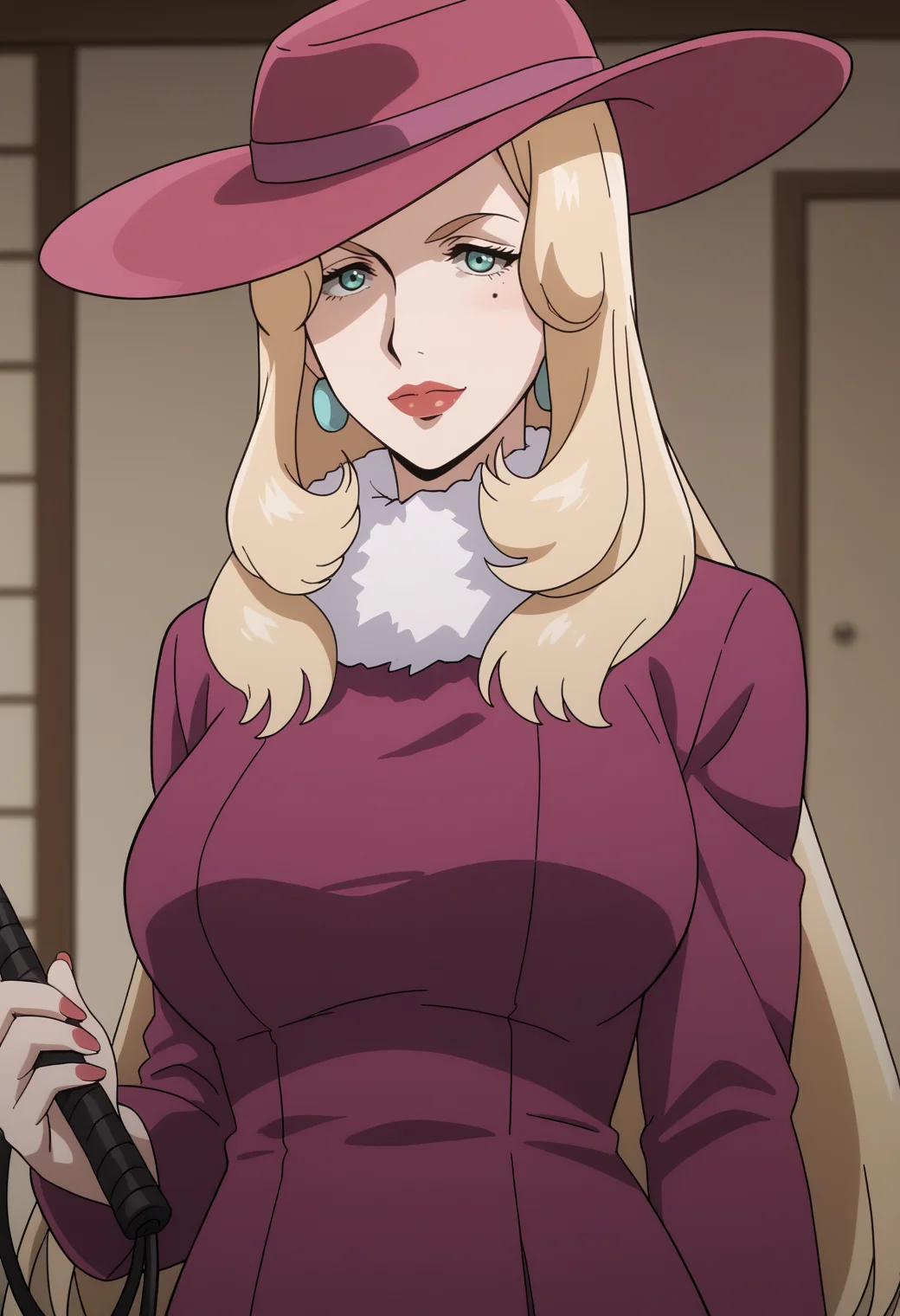 score_9, score_8_up, score_7_up, source_anime, BREAK, 1girl, solo, <lora:DX888Elena:1>, elena hanakaze, mature female, mole, very long hair, BREAK coat, hat, fur scarf, earrings, jewelry, holding whip,